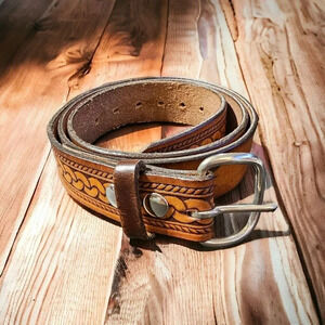 XXL 52" Tooled Belt Gavere Leather Braid Design NAME on back "ED" See Photos